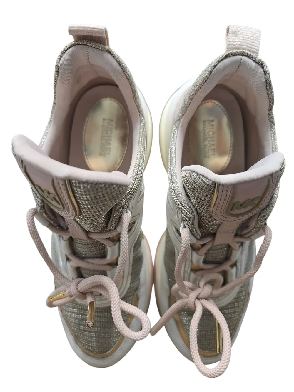 Michael Kors Olympia Women Glitter Chain-Mesh Pink and Gold Platform Sneakers 7